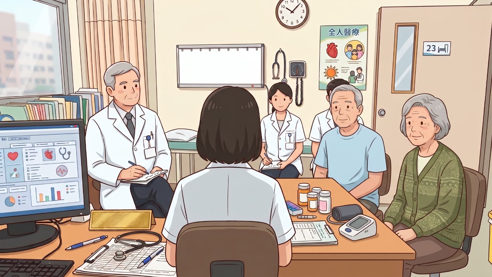 教學門診示意圖：醫學生在診間向病人問診，主治醫師在旁觀察指導